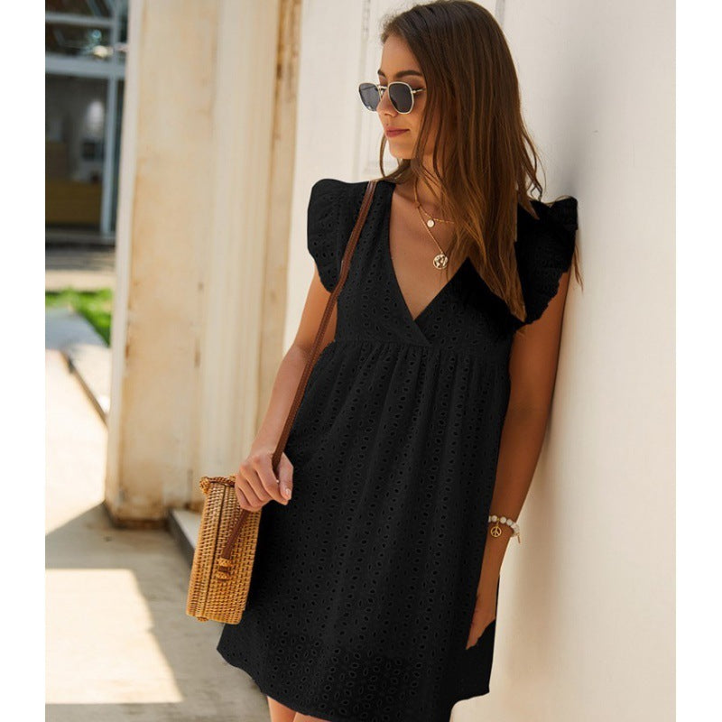 Fashion Women'S Summer V-Neck Cotton Short Skirt Solid Color Dress - ANIBEY