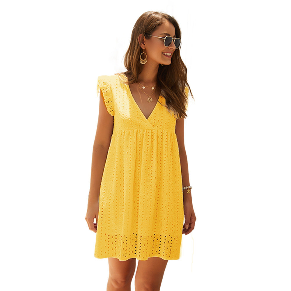 Fashion Women'S Summer V-Neck Cotton Short Skirt Solid Color Dress - ANIBEY