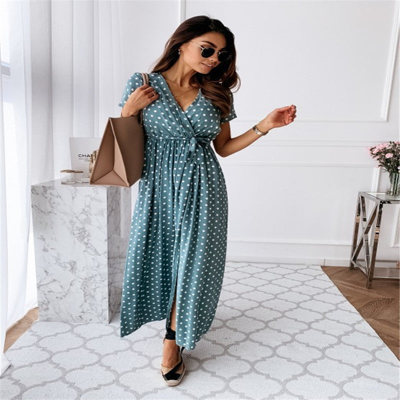 V-neck Bohemian Polka Dot Print Dress Long Skirt - ANIBEY