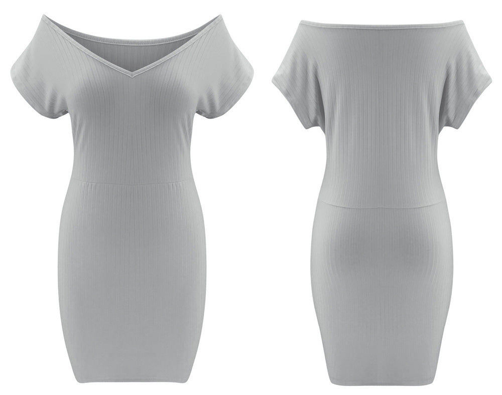 V-neck solid color slim dress - ANIBEY