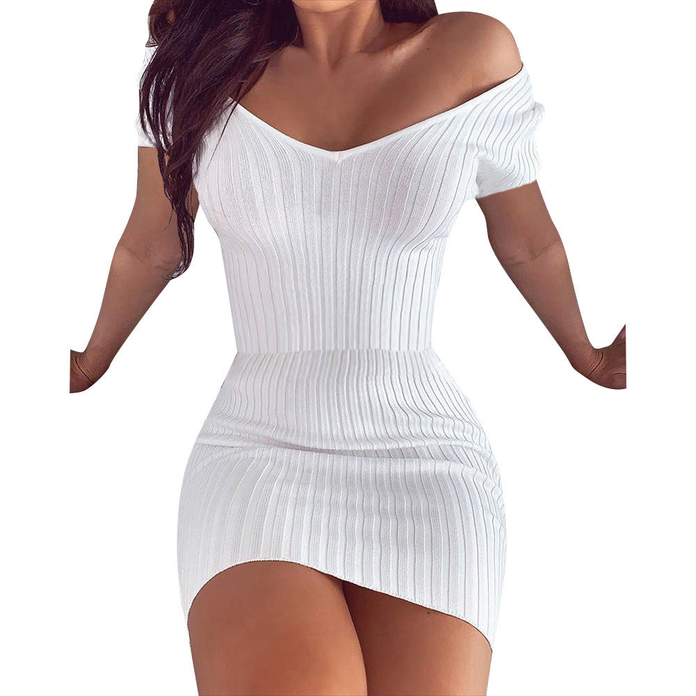 V-neck solid color slim dress - ANIBEY