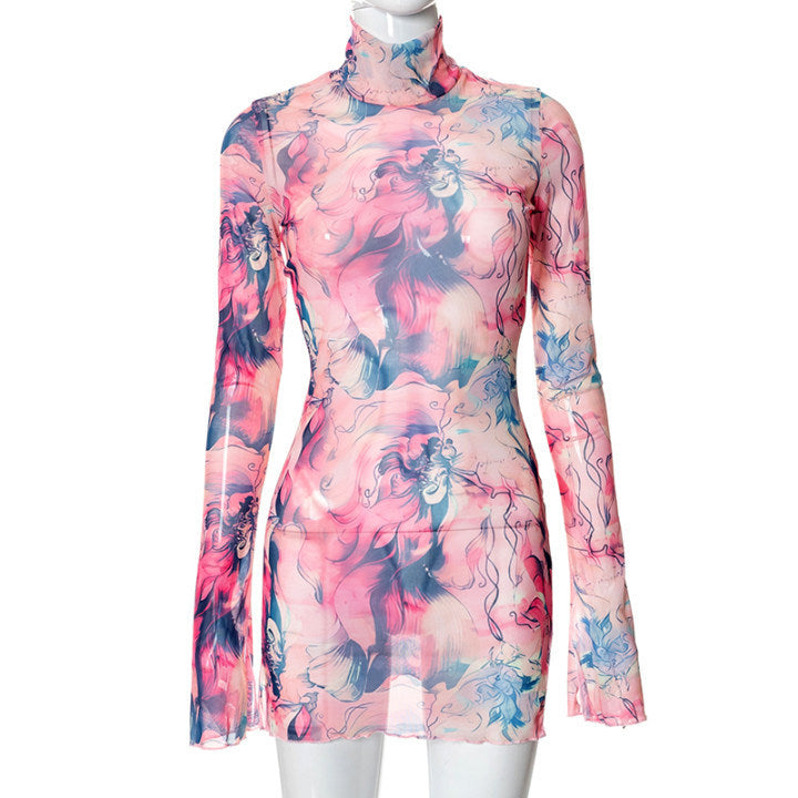 Mesh Floral Print Round-neck Flared Sleeves Side Open Sheath Dress - ANIBEY