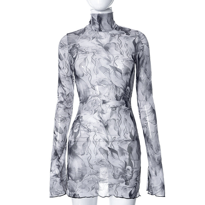 Mesh Floral Print Round-neck Flared Sleeves Side Open Sheath Dress - ANIBEY