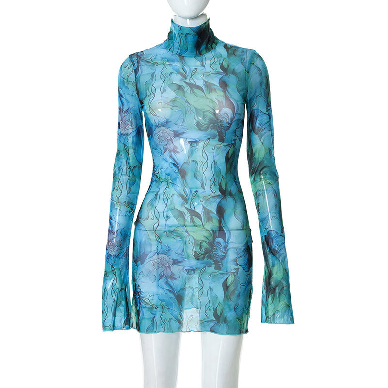 Mesh Floral Print Round-neck Flared Sleeves Side Open Sheath Dress - ANIBEY