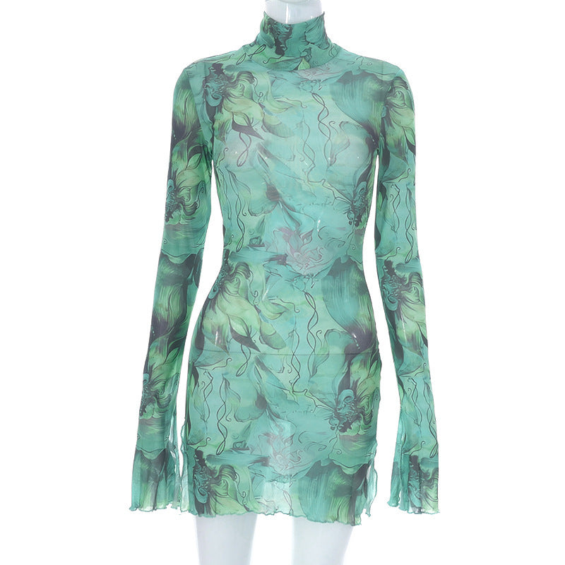 Mesh Floral Print Round-neck Flared Sleeves Side Open Sheath Dress - ANIBEY