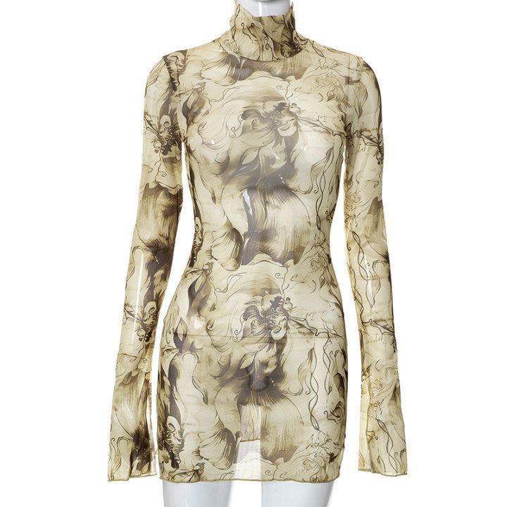 Mesh Floral Print Round-neck Flared Sleeves Side Open Sheath Dress - ANIBEY