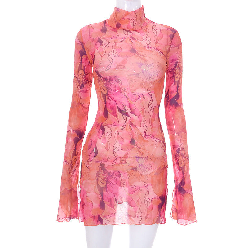 Mesh Floral Print Round-neck Flared Sleeves Side Open Sheath Dress - ANIBEY