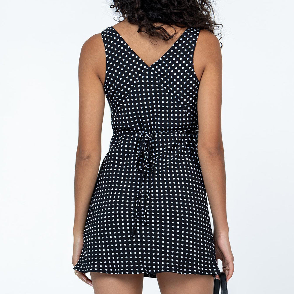 V-neck Polka-dot Self-tie High Waist Dress - ANIBEY