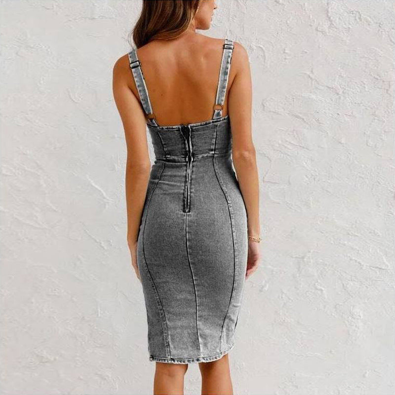 New U-neck Suspender Denim Dress Summer Casual Tight Slim Fit Dresses With Slit Design Womens Clothing - ANIBEY