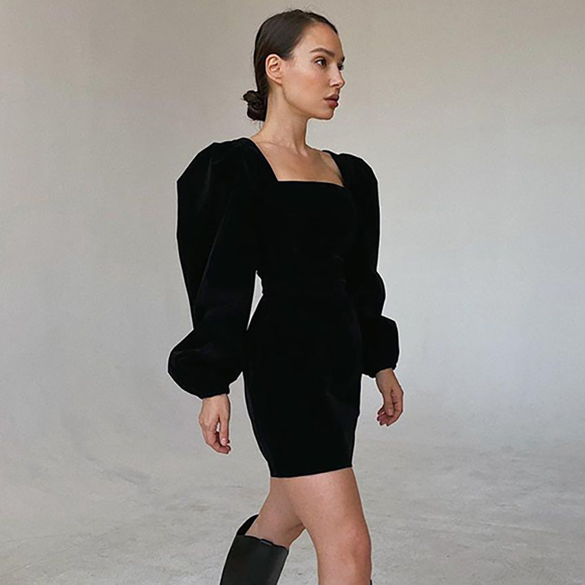 Black Puff Sleeve Long Sleeve Velvet Dress With Square Neck - ANIBEY