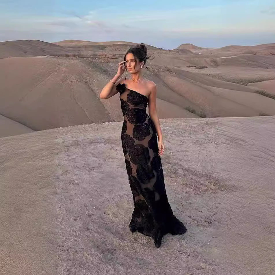 Burnt Flower Sling Slant Shoulder Flower Dress Dress - ANIBEY