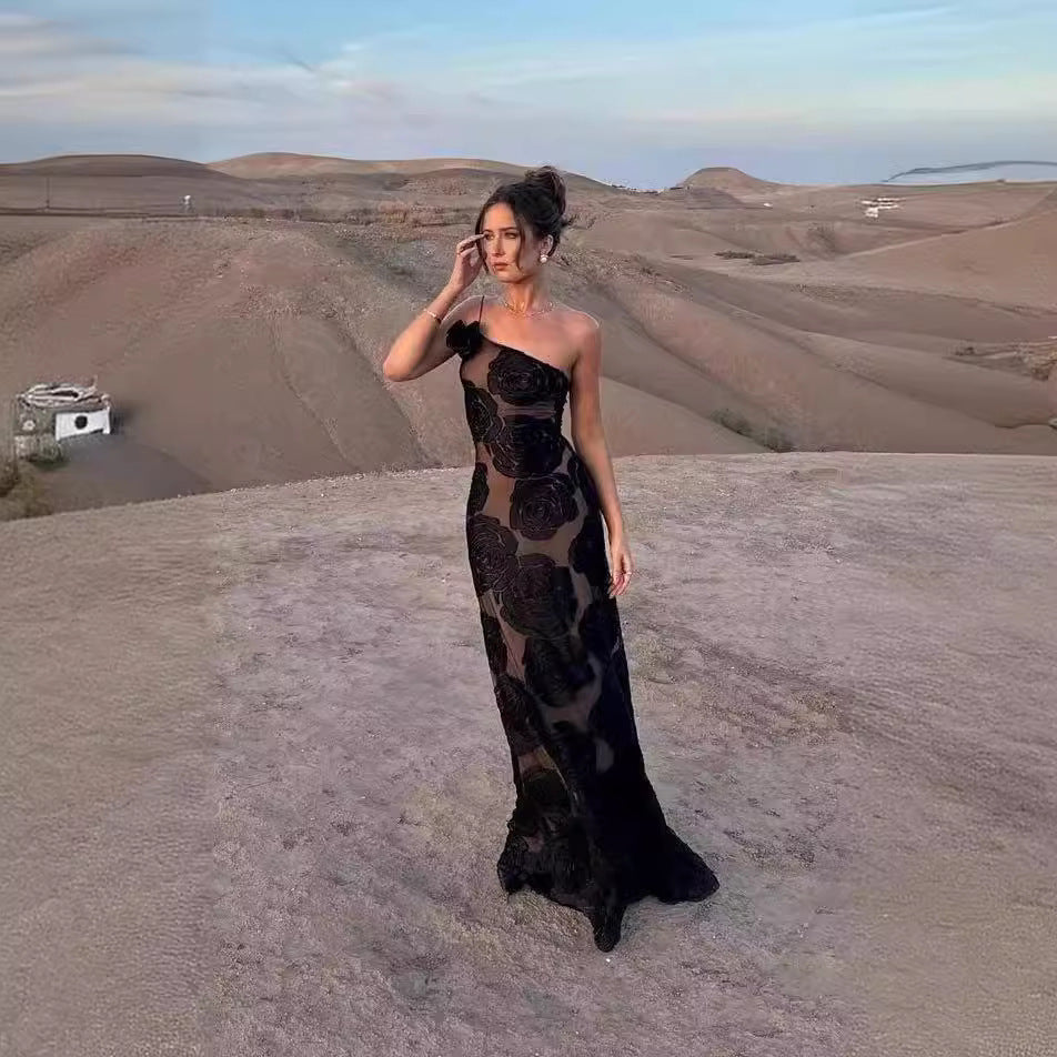 Burnt Flower Sling Slant Shoulder Flower Dress Dress - ANIBEY