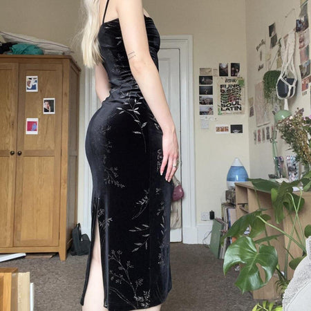 Dark Vintage Style Velvet Split Halter Dress - ANIBEY
