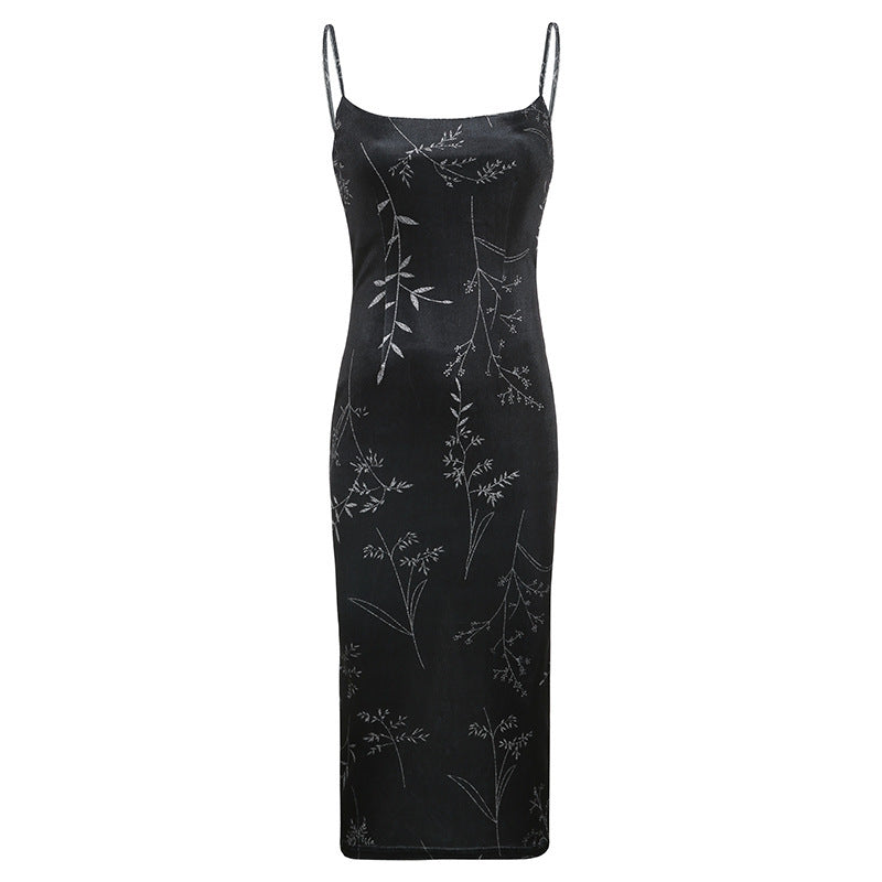Dark Vintage Style Velvet Split Halter Dress - ANIBEY