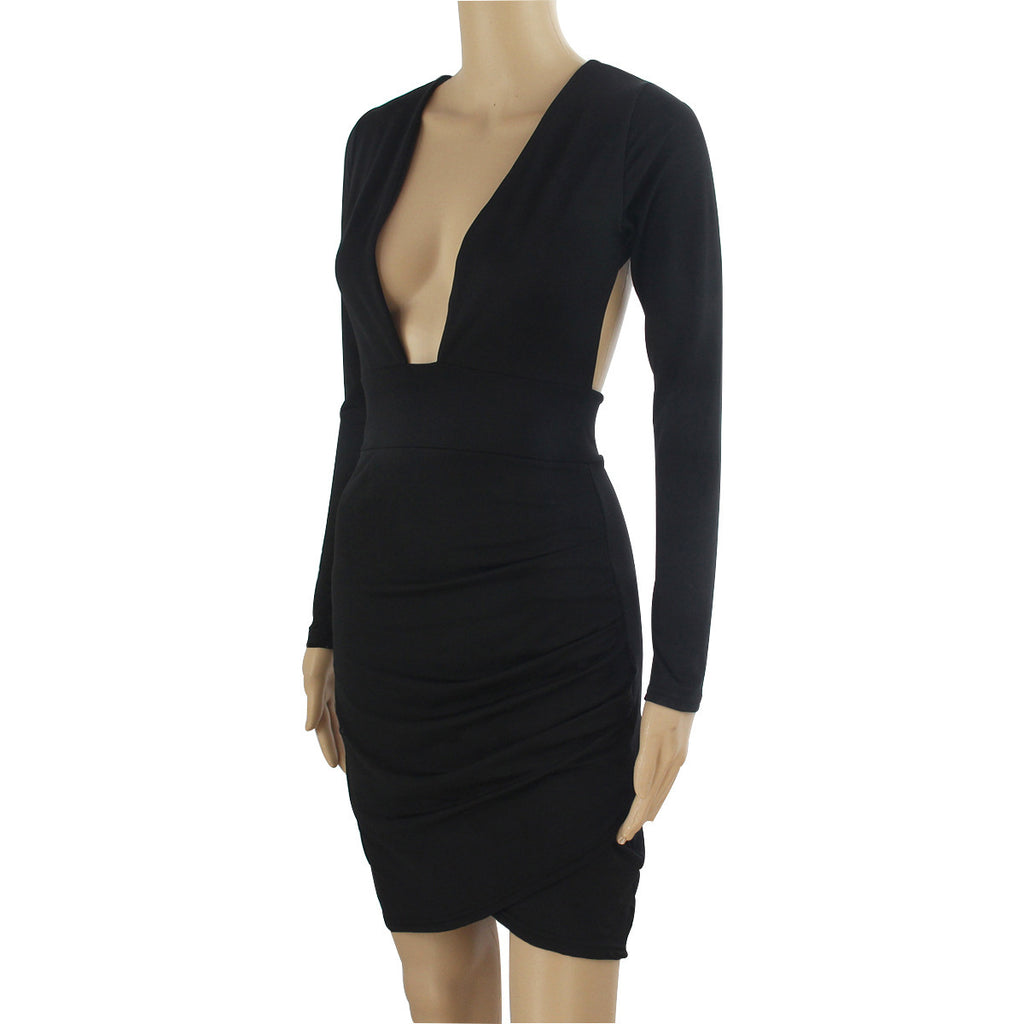 Deep V backless autumn and winter new dress - ANIBEY