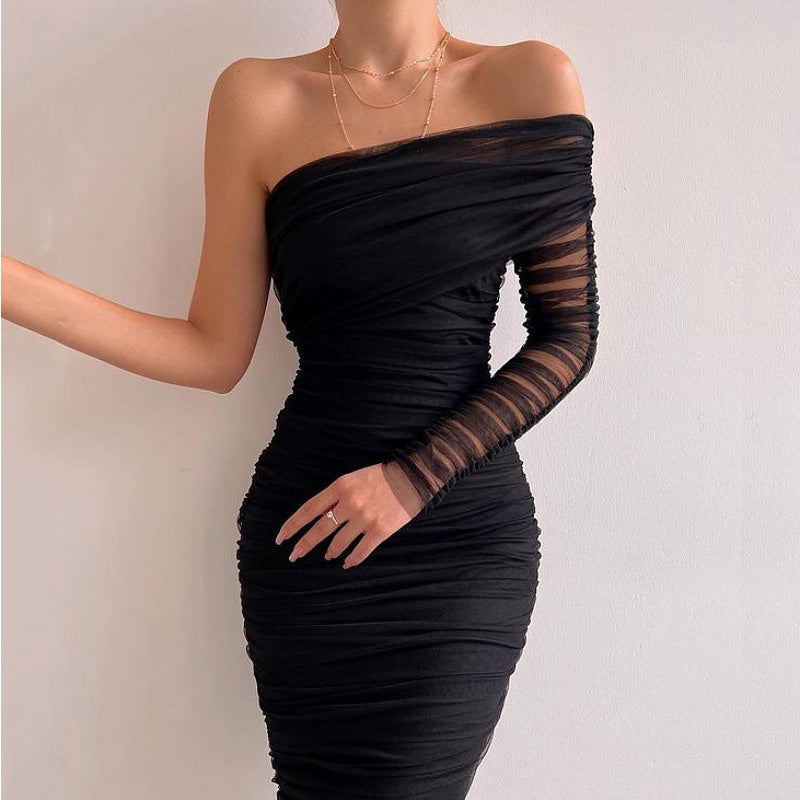 Diagonal Neckline Sexy Backless Dress - ANIBEY