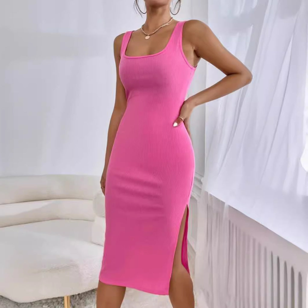Elegant Rib Sunken Stripe Sleeveless Square Collar Slimming Split Dress - ANIBEY