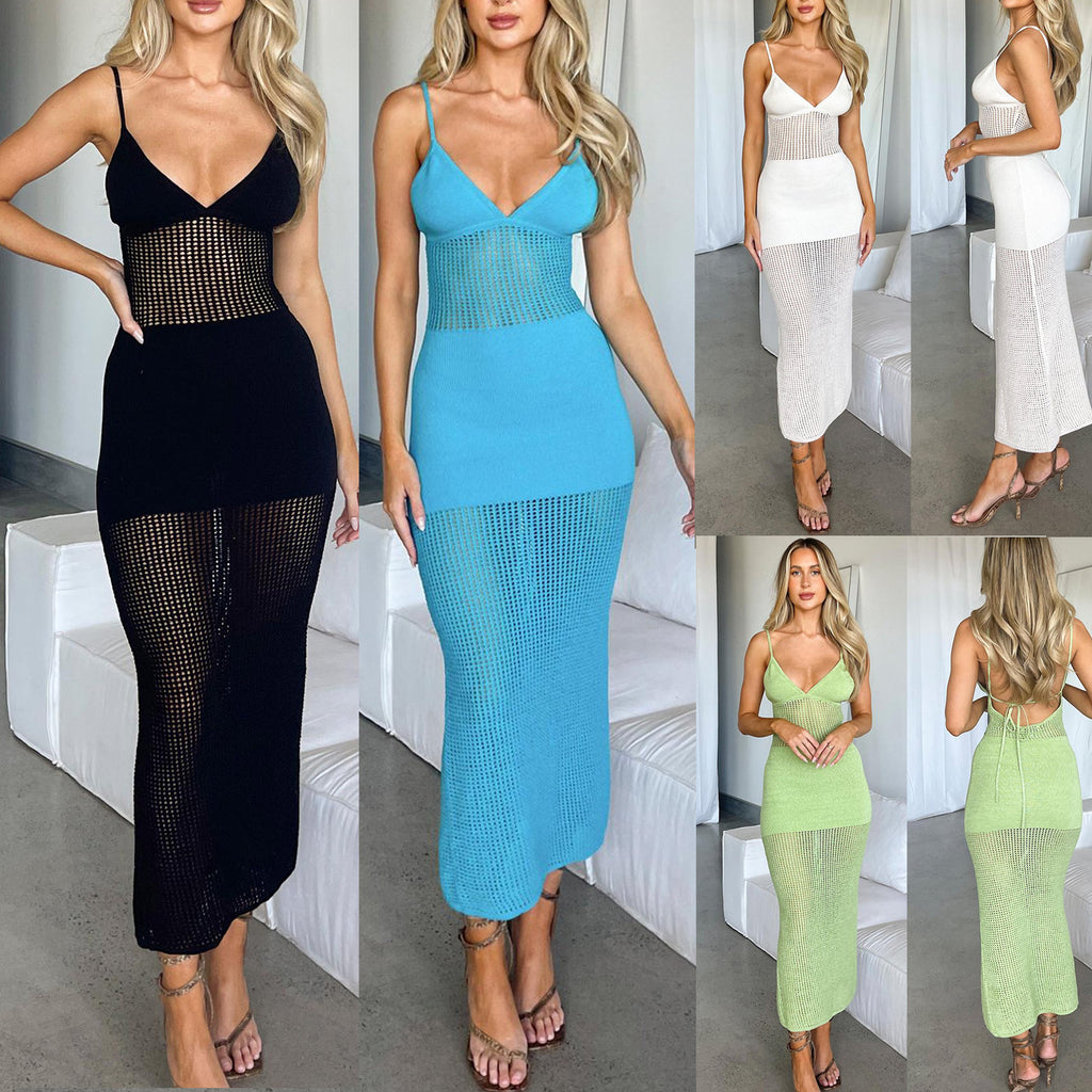 European And American Sexy Women's Sling Stitched Backless Dress - ANIBEY
