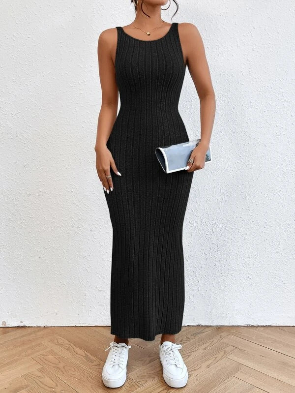 European And American Style Sleeveless Sexy Suspenders Sheath And Fitted Waist Knitted Dress - ANIBEY
