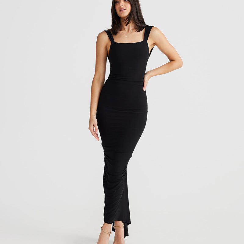 Fashion Backless Straps Long Sheath Pleated Dress - ANIBEY