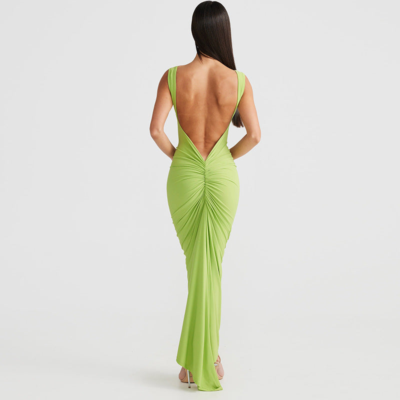 Fashion Backless Straps Long Sheath Pleated Dress - ANIBEY