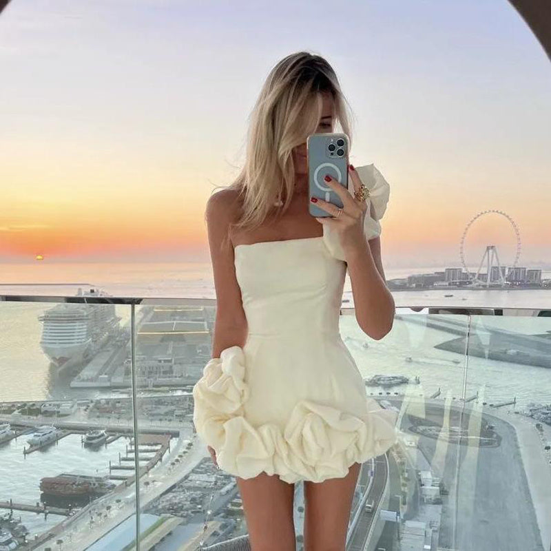 Fashion One-shoulder Sexy Slim Ruffled Flower-bud Design Short Party Wear Dress - ANIBEY