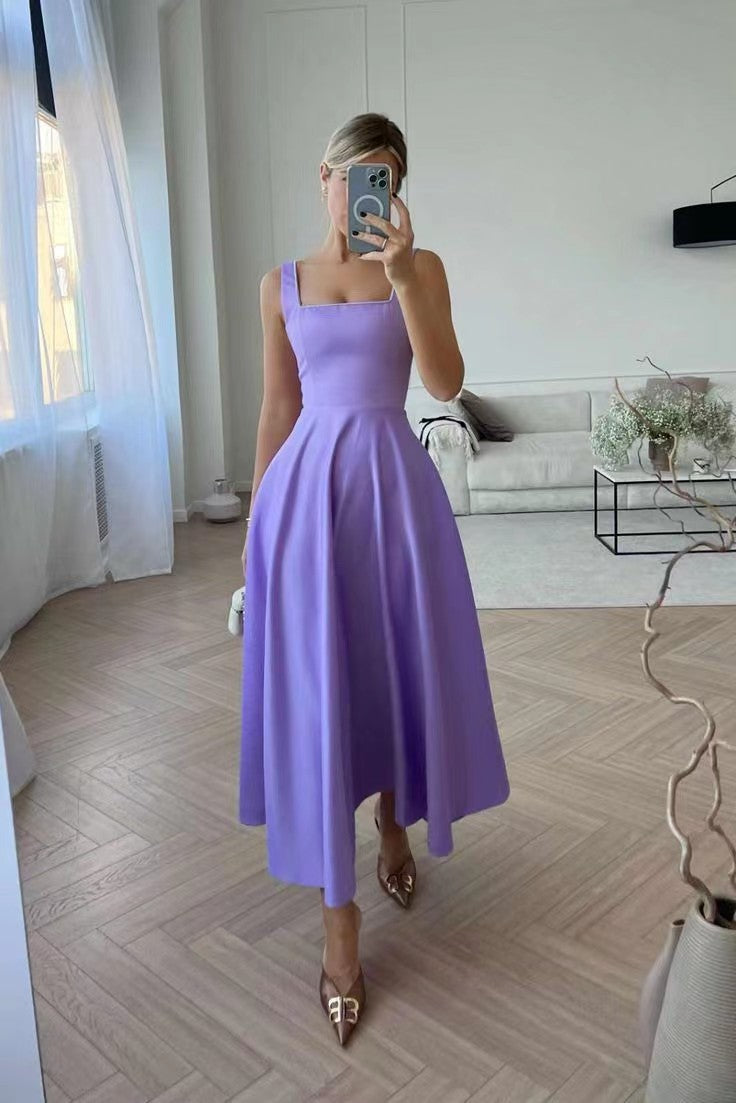 Fashion Retro Waist-controlled Square Collar Large Swing Dress - ANIBEY
