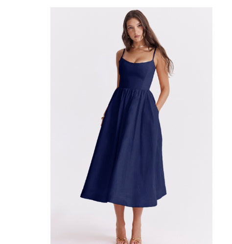 Fashion Retro Waist-controlled Square Collar Large Swing Dress - ANIBEY