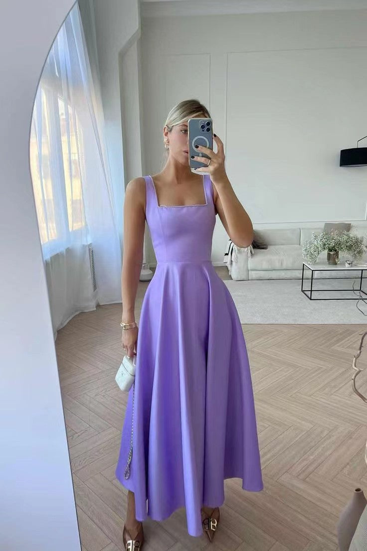 Fashion Retro Waist-controlled Square Collar Large Swing Dress - ANIBEY