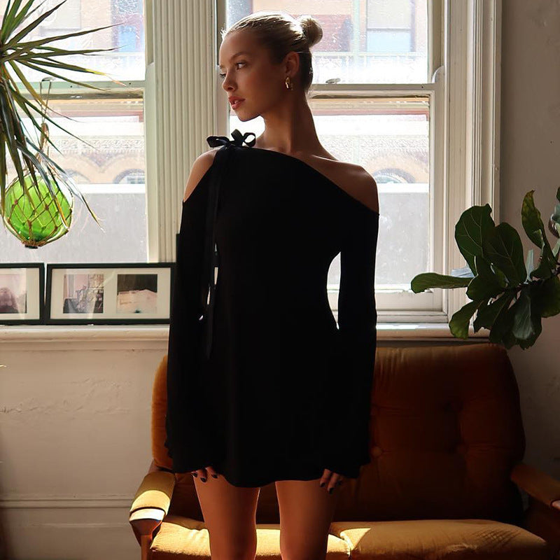 Fashion Sexy Slant Neck Off-the-shoulder Splicing High Waist Long Sleeve Wrap Hip Dress - ANIBEY