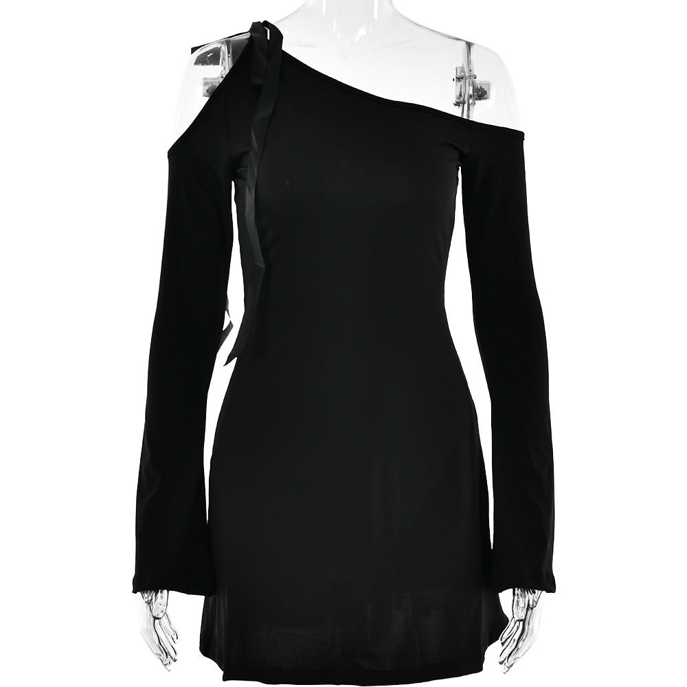 Fashion Sexy Slant Neck Off-the-shoulder Splicing High Waist Long Sleeve Wrap Hip Dress - ANIBEY