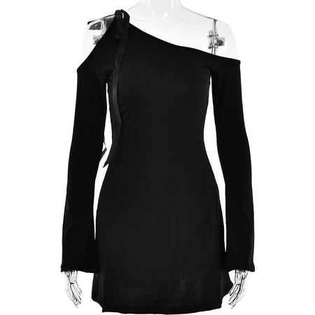 Fashion Sexy Slant Neck Off-the-shoulder Splicing High Waist Long Sleeve Wrap Hip Dress - ANIBEY