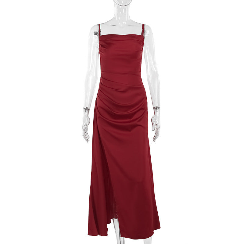 Fashion Style Slim Satin Pockets Collar Slit Formal Dress - ANIBEY