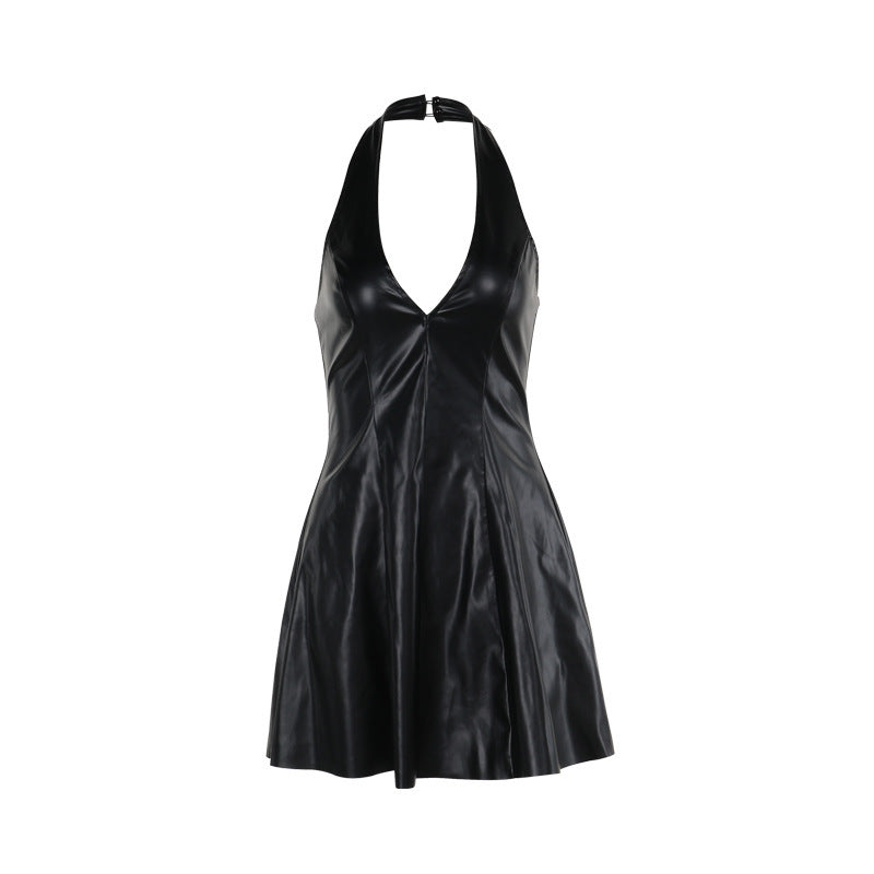 Fashion V-neck Leather Backless Dress Women - ANIBEY