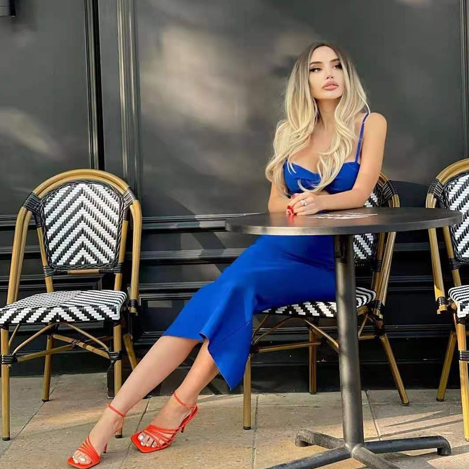 Fashion Waist Hollow Design New Sexy Solid Color V-Neck Halter Celebrity Party Club Bandage Long Dress - ANIBEY
