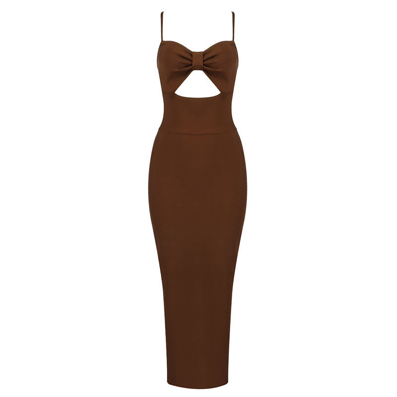 Fashion Waist Hollow Design New Sexy Solid Color V-Neck Halter Celebrity Party Club Bandage Long Dress - ANIBEY