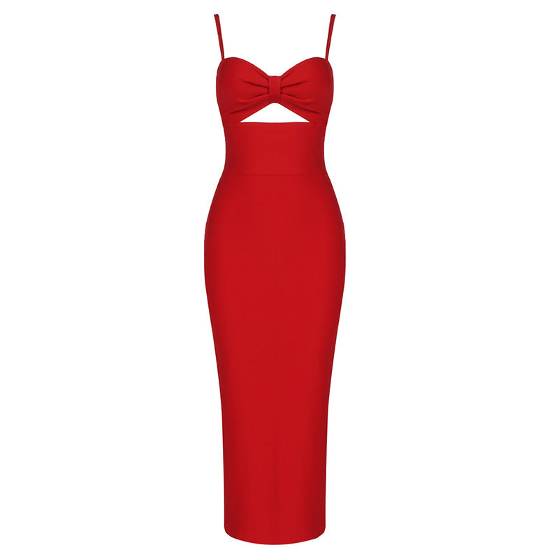 Fashion Waist Hollow Design New Sexy Solid Color V-Neck Halter Celebrity Party Club Bandage Long Dress - ANIBEY