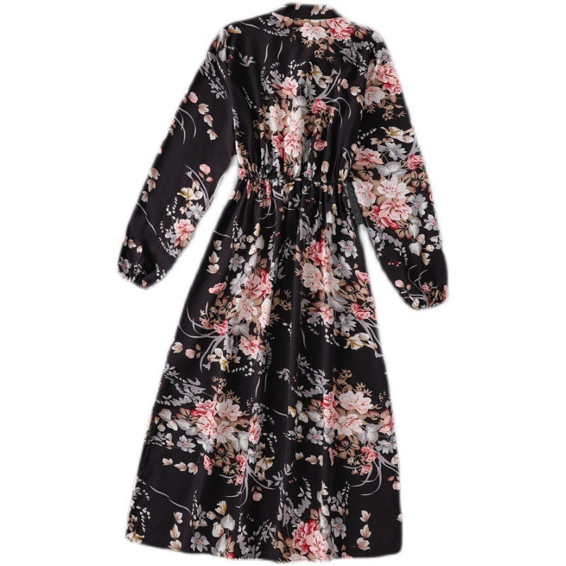 Floral Bow Tie Collar Waist Slimming Mid Length Slit Dress - ANIBEY