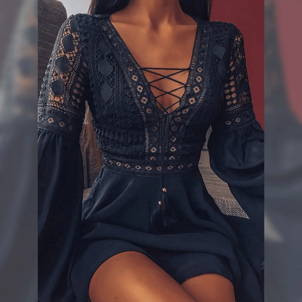 Flying Long Sleeve V-Neck Tie Cutout Dress Short - ANIBEY