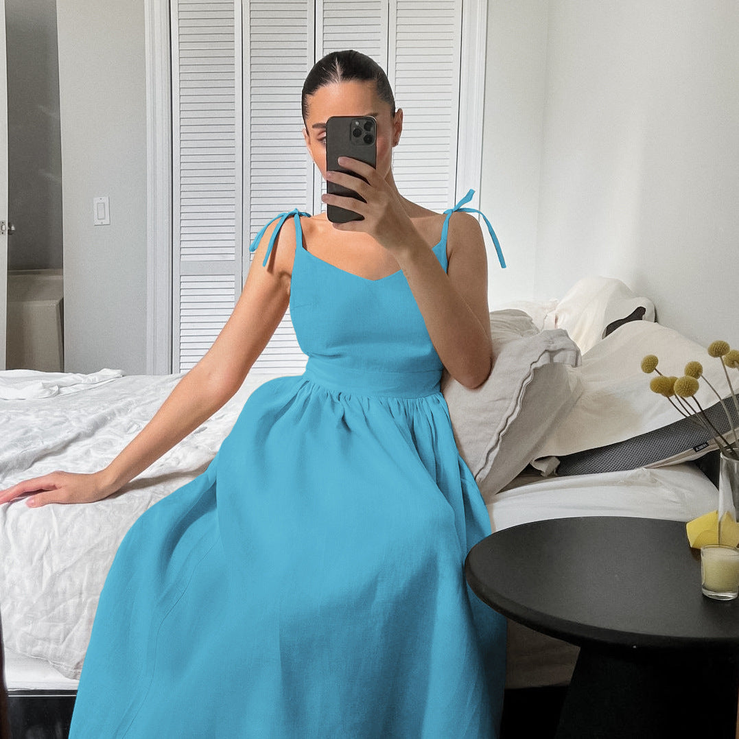 French Cotton And Linen Breathable Strap High Waist Dress Vacation Style Long Skirt For Women - ANIBEY