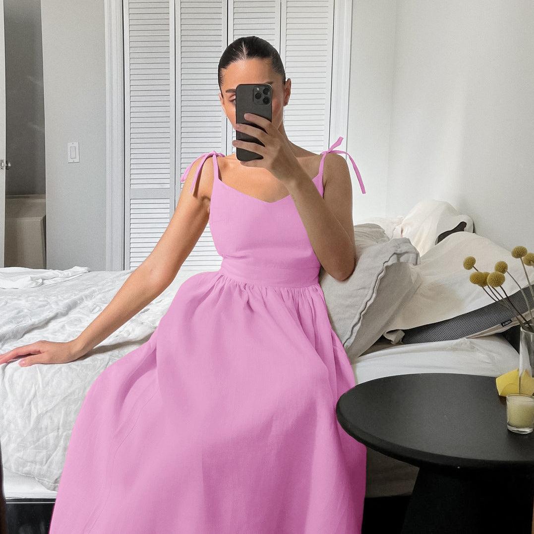 French Cotton And Linen Breathable Strap High Waist Dress Vacation Style Long Skirt For Women - ANIBEY
