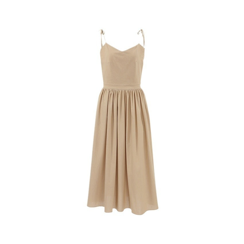 French Cotton And Linen Breathable Strap High Waist Dress Vacation Style Long Skirt For Women - ANIBEY