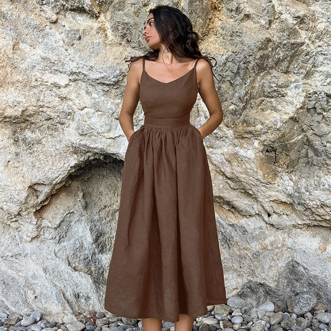 French Cotton And Linen Breathable Strap High Waist Dress Vacation Style Long Skirt For Women - ANIBEY