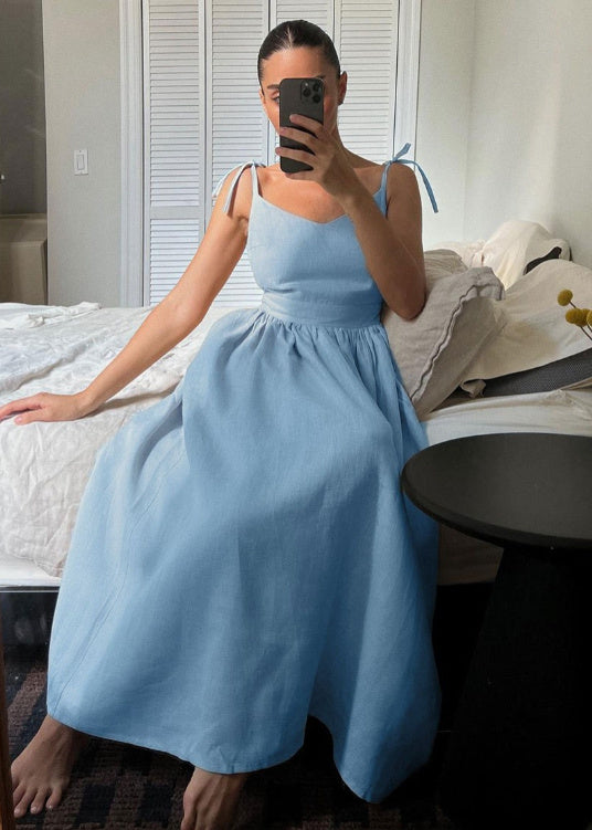 French Cotton And Linen Breathable Strap High Waist Dress Vacation Style Long Skirt For Women - ANIBEY