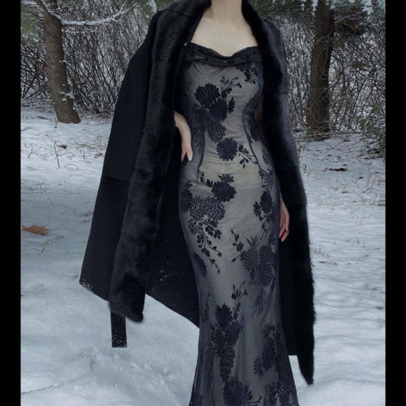 French Retro Black Lace Dress - ANIBEY