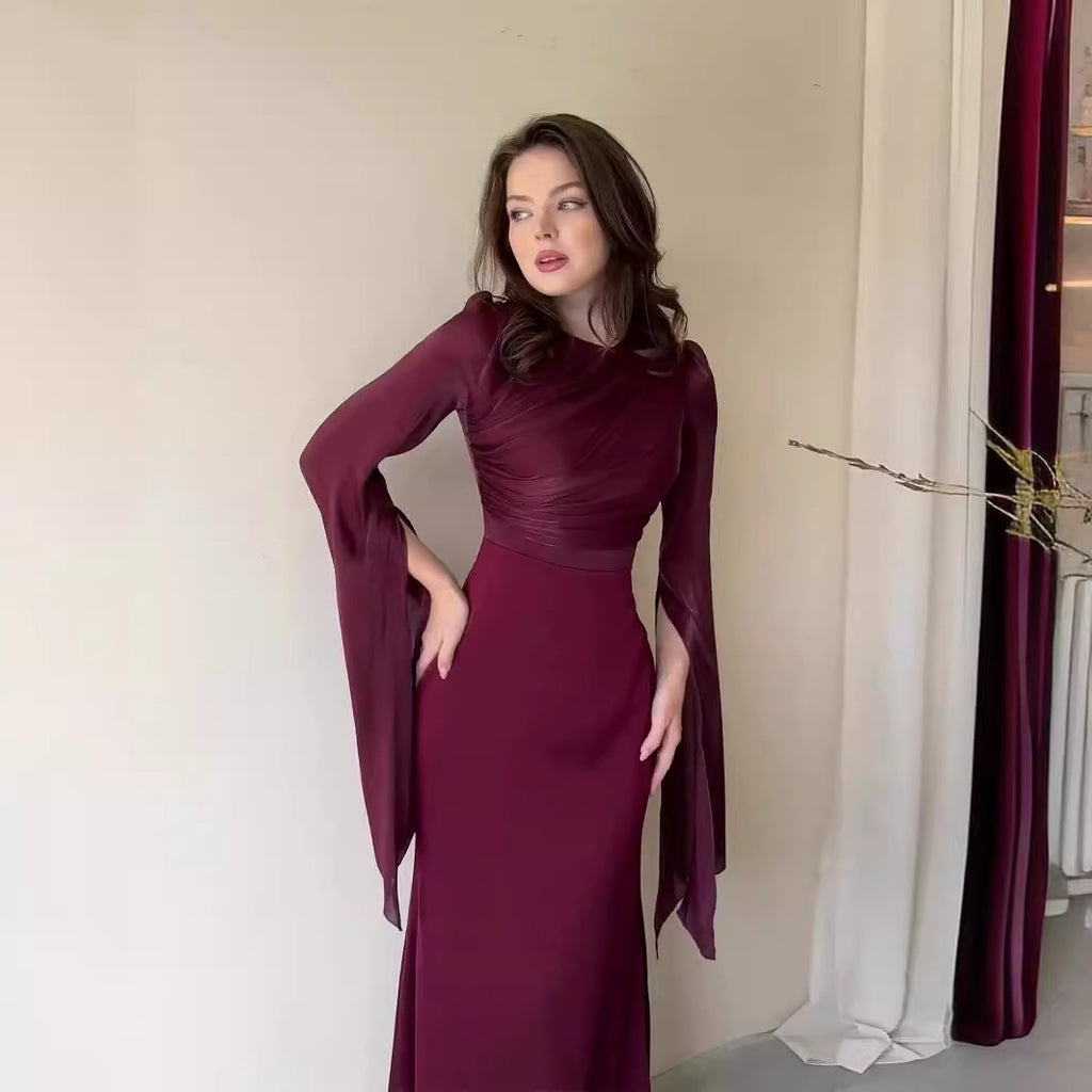 Glass Gauze Large Hem Sleeve Long Satin Slim Fit Dress - ANIBEY