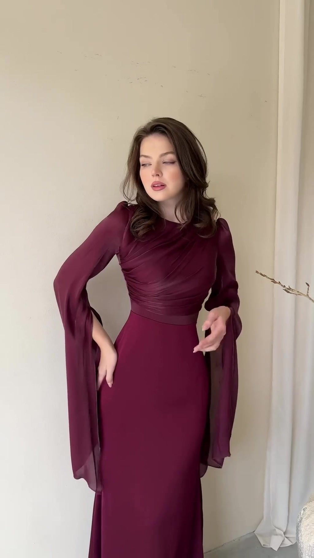 Glass Gauze Large Hem Sleeve Long Satin Slim Fit Dress - ANIBEY