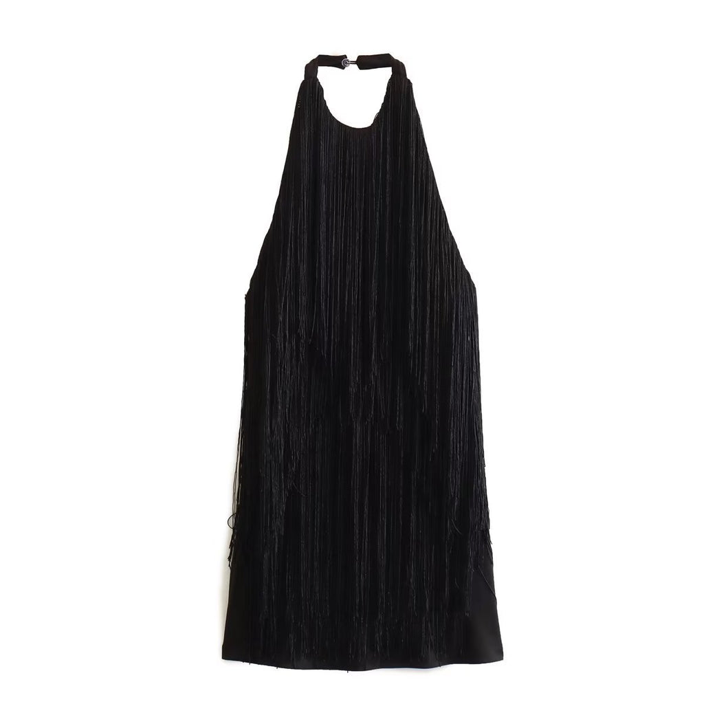 Graceful And Fashionable Halter Sleeveless Tassel Skirt Dress - ANIBEY