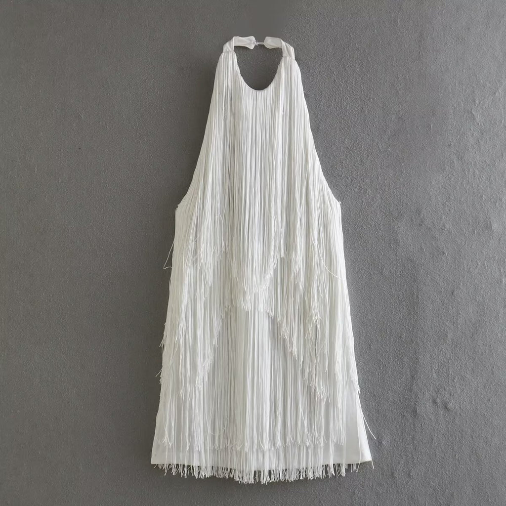 Graceful And Fashionable Halter Sleeveless Tassel Skirt Dress - ANIBEY