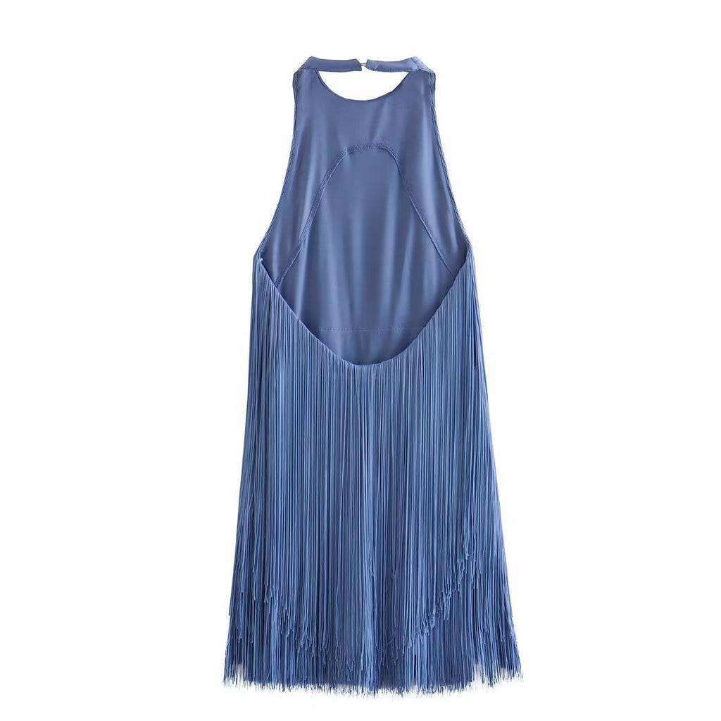 Graceful And Fashionable Halter Sleeveless Tassel Skirt Dress - ANIBEY
